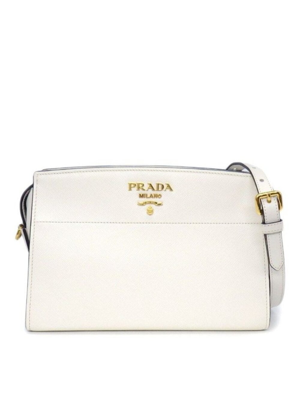 Prada Shoulder Bag Bandoliera Square Cross White Saffiano Leather Gold